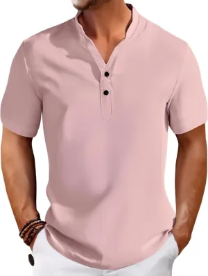 Men's Cotton Linen Shirts Two Button Stand Collar Shirts Solid Short Sleeve Striped Tees Summer Fashion T Shirts