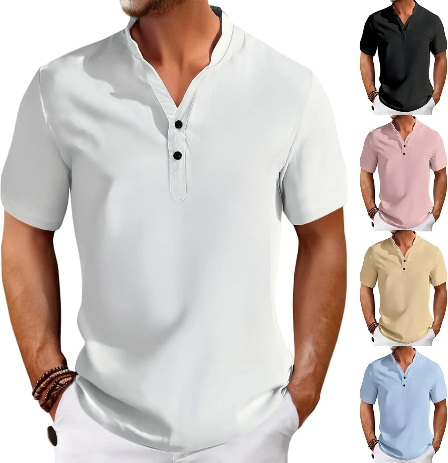 Men's Cotton Linen Shirts Two Button Stand Collar Shirts Solid Short Sleeve Striped Tees Summer Fashion T Shirts