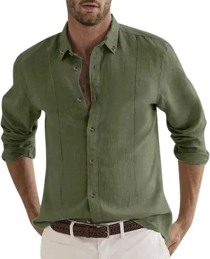 Men's Cuban Guayabera Linen Shirts Long Sleeve Casual Button Down Shirt Classic Fit Solid Collared Basic Beach Tops
