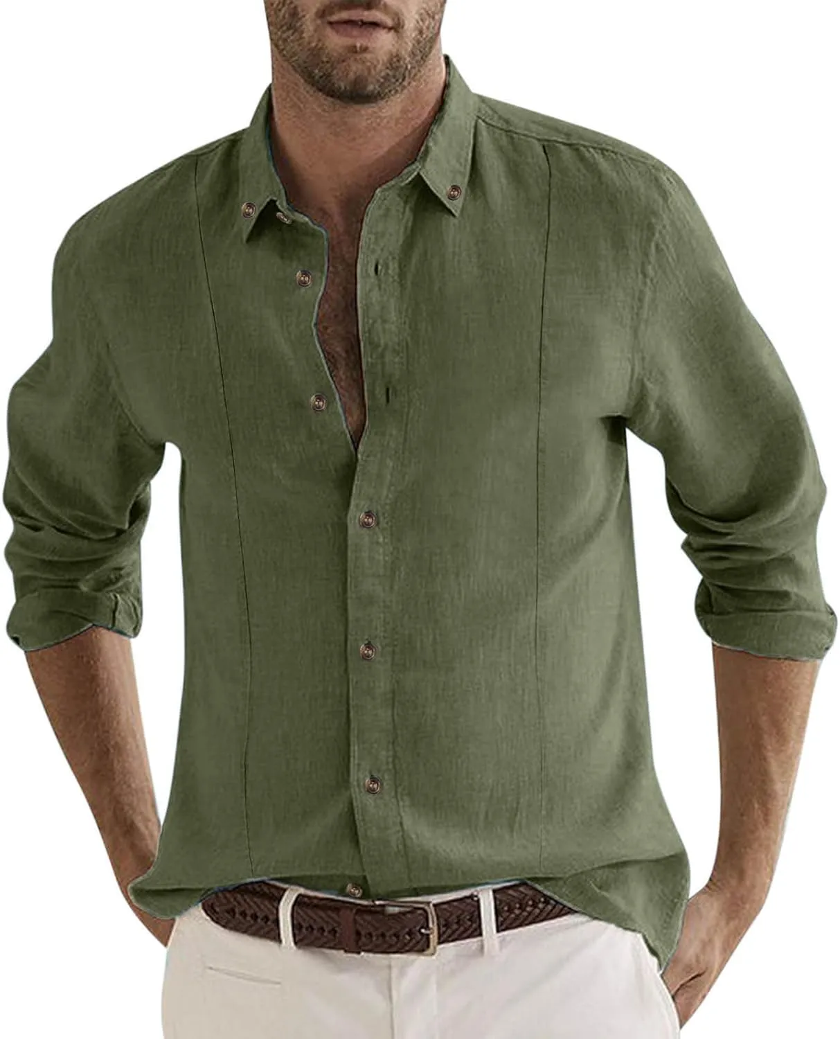 Men's Cuban Guayabera Linen Shirts Long Sleeve Casual Button Down Shirt Classic Fit Solid Collared Basic Beach Tops