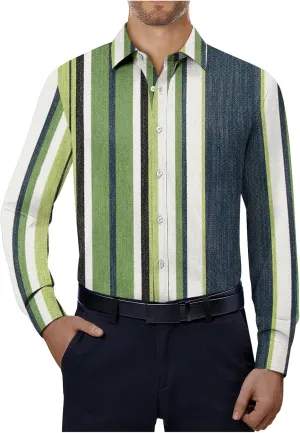 Mens Dress Shirts Long Sleeve Striped Print Collared Shirts Casual Slim Fit Lightweight Button T-Shirts Work Tops