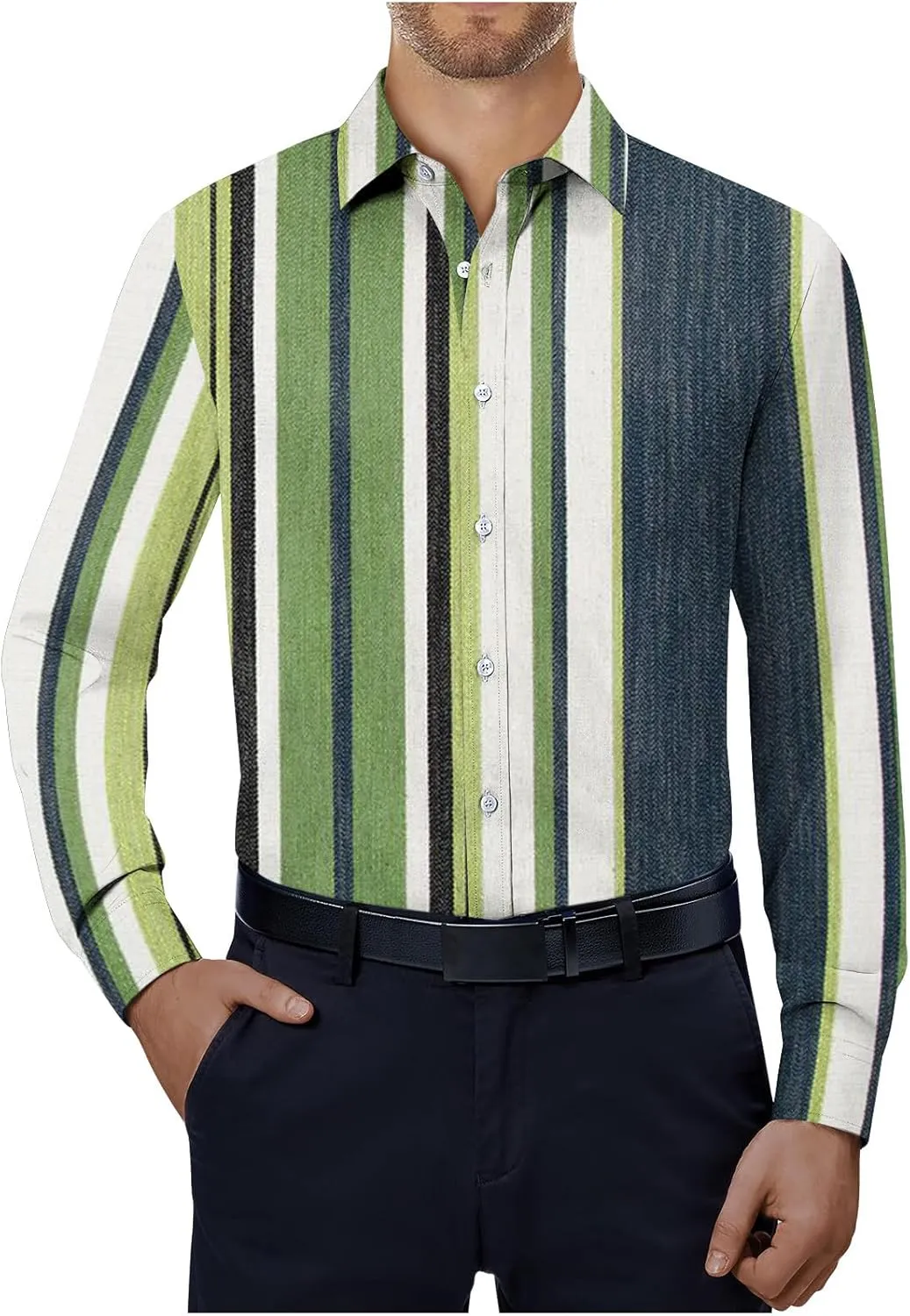 Mens Dress Shirts Long Sleeve Striped Print Collared Shirts Casual Slim Fit Lightweight Button T-Shirts Work Tops
