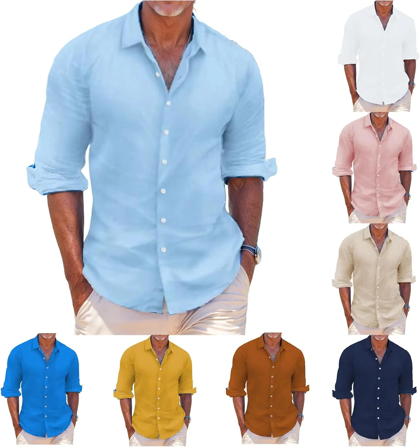 Men's Linen Shirts Casual Long Sleeve T-Shirt Button Down Summer Beach Vacation Hawaiian Shirts for Men