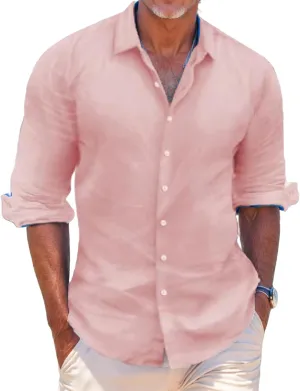 Men's Linen Shirts Casual Long Sleeve T-Shirt Button Down Summer Beach Vacation Hawaiian Shirts for Men