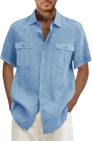 Men's Linen Shirts Double-Pocket Sport Shirt Short Sleeve Casual Shirts Button Down Shirt Beach Summer Vacation Shirts