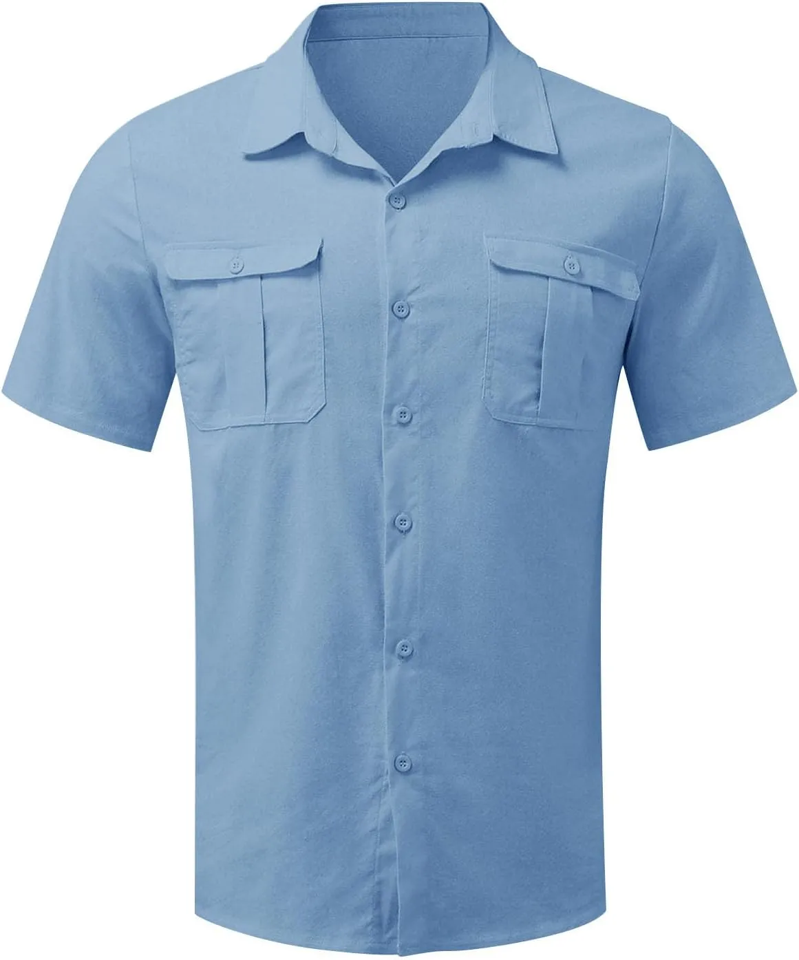 Men's Linen Shirts Double-Pocket Sport Shirt Short Sleeve Casual Shirts Button Down Shirt Beach Summer Vacation Shirts