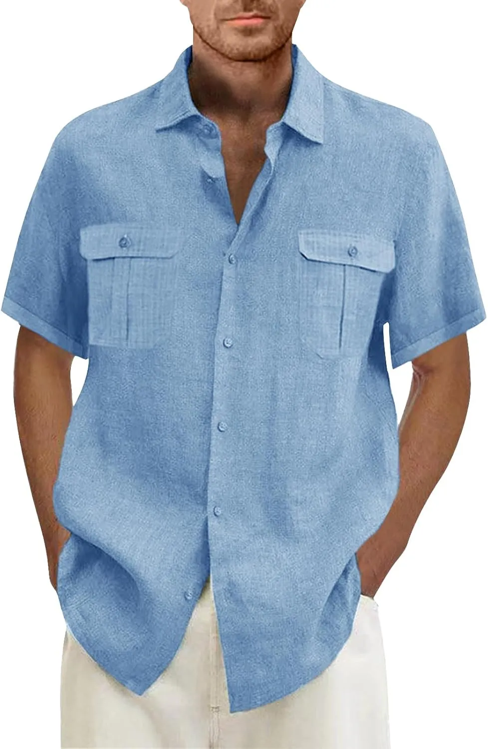 Men's Linen Shirts Double-Pocket Sport Shirt Short Sleeve Casual Shirts Button Down Shirt Beach Summer Vacation Shirts