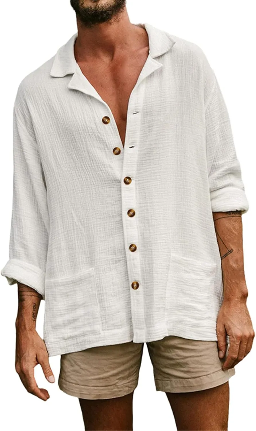 Mens Linen Shirts Long Sleeve Button Down Linen Beach Shirts Casual Loose Fit Summer Collared Shirts Linen Tops