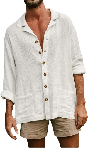 Mens Linen Shirts Long Sleeve Button Down Linen Beach Shirts Casual Loose Fit Summer Collared Shirts Linen Tops