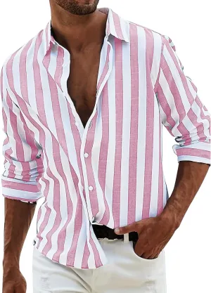 Mens Loose Linen Shirts Button Down Long Sleeve Striped Dress Shirts Spring Summer Casual T Shirts Lightweight Cozy