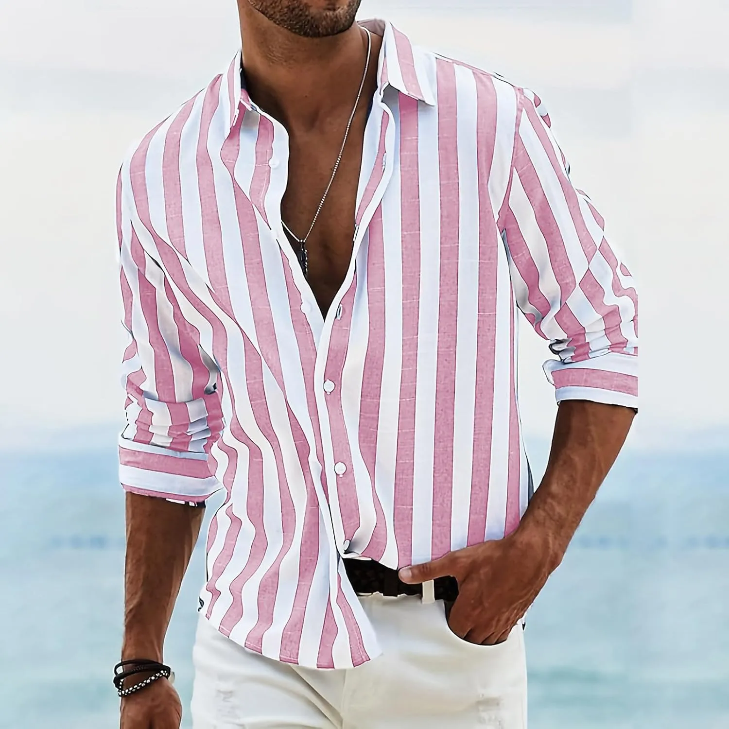 Mens Loose Linen Shirts Button Down Long Sleeve Striped Dress Shirts Spring Summer Casual T Shirts Lightweight Cozy