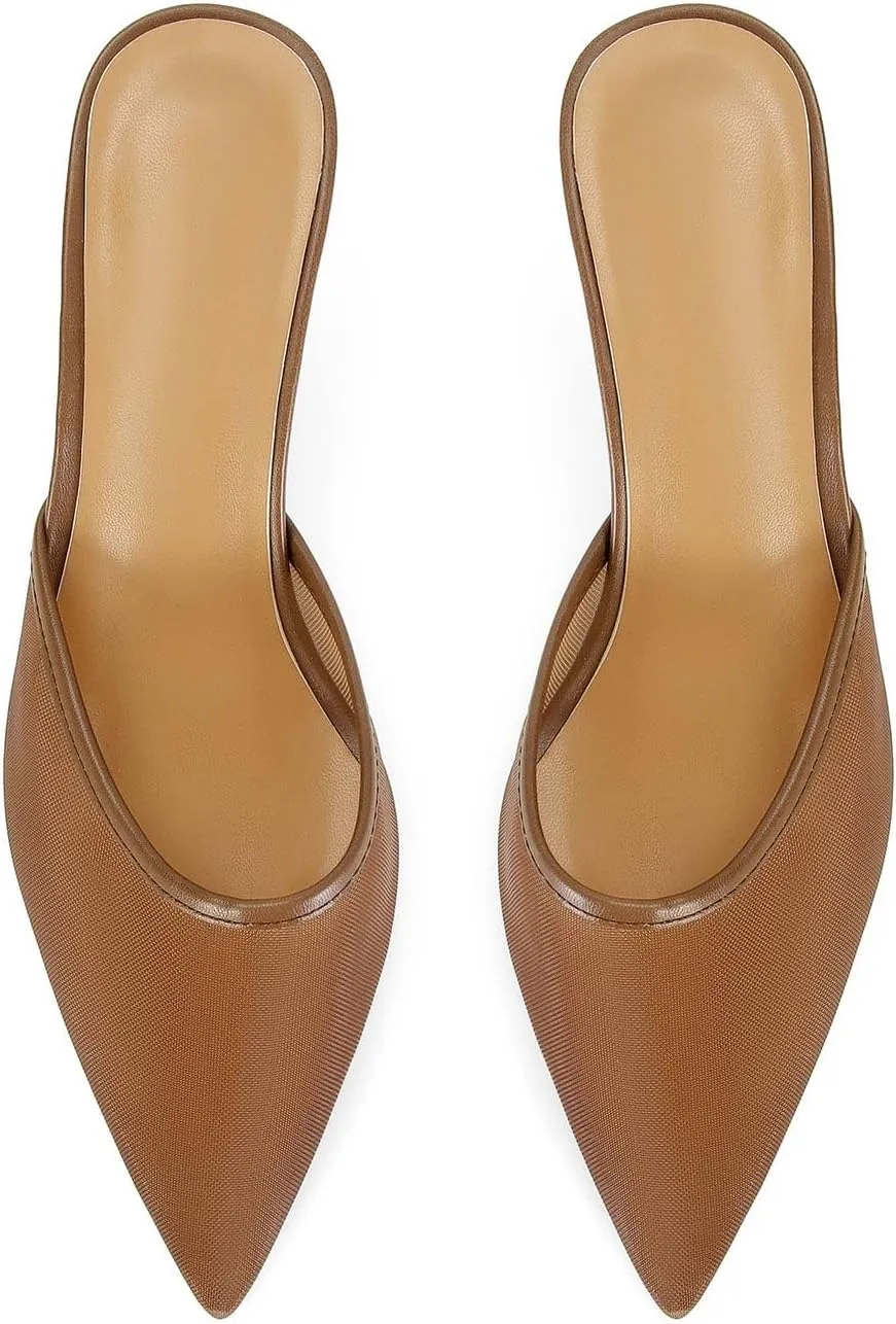 Mesh Kitten Heels Mules for Women Closed Pointed Toe Slip on Backless Stiletto Slingback Low Heels Comfort Pumps Shoes