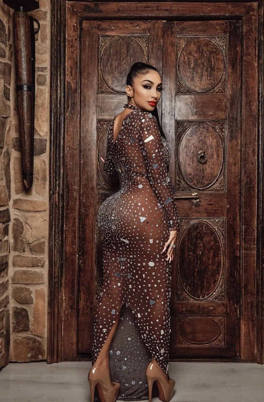 Mesh Perspective Mirrors Rhinestones Celebrite Party Long Dress
