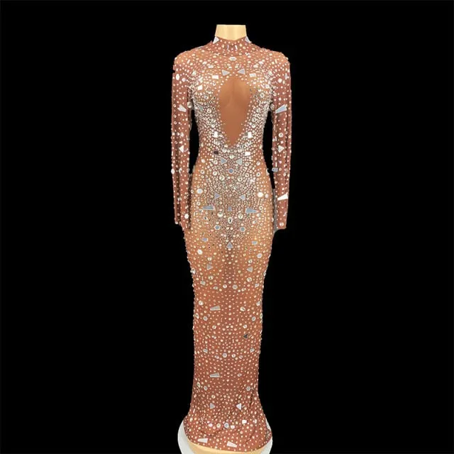 Mesh Perspective Mirrors Rhinestones Celebrite Party Long Dress