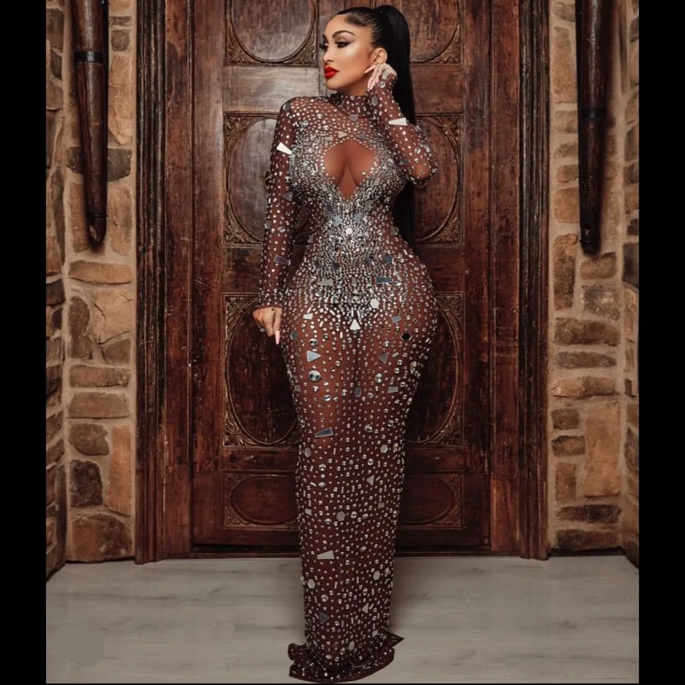 Mesh Perspective Mirrors Rhinestones Celebrite Party Long Dress
