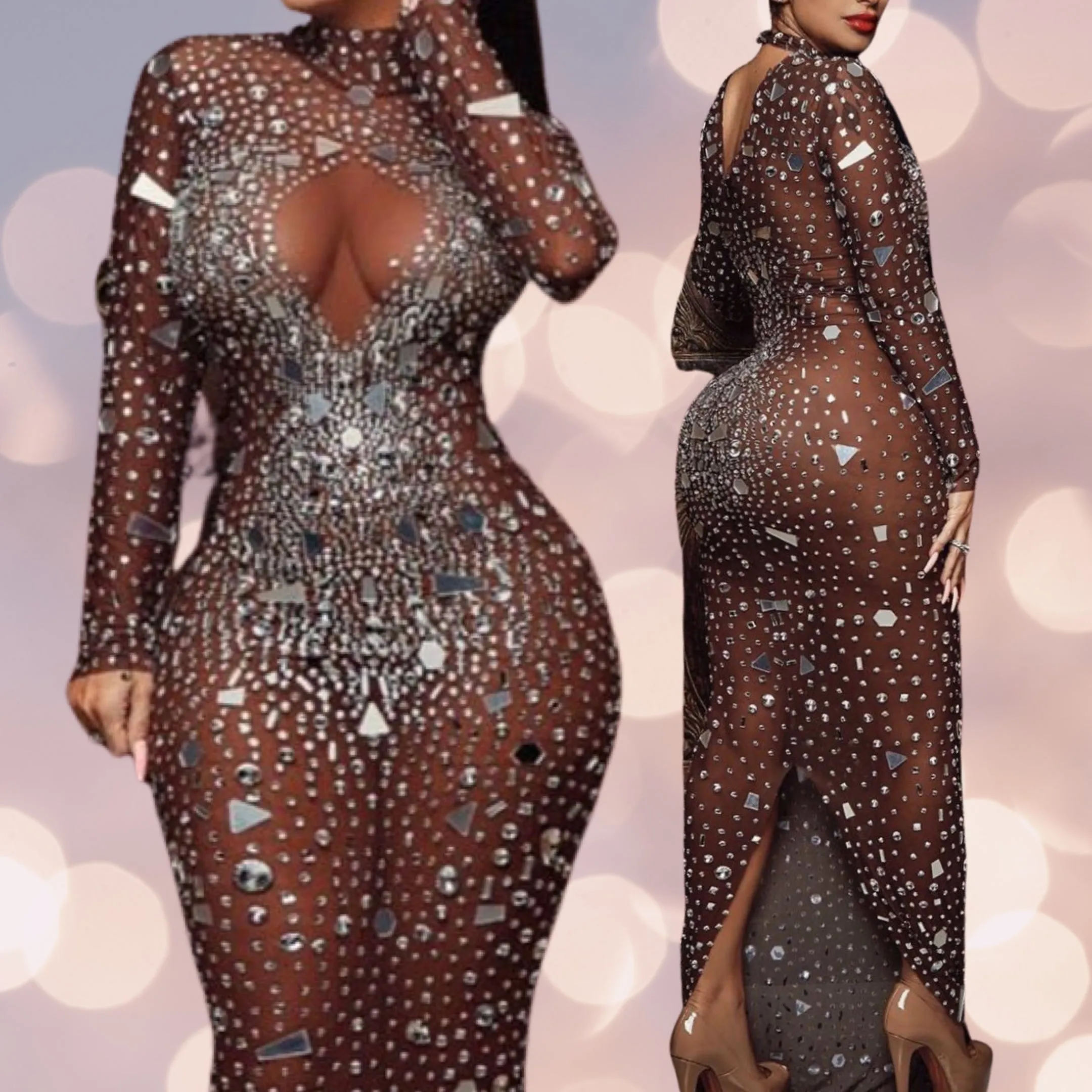 Mesh Perspective Mirrors Rhinestones Celebrite Party Long Dress
