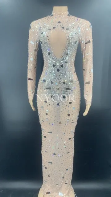 Mesh Perspective Mirrors Rhinestones Celebrite Party Long Dress
