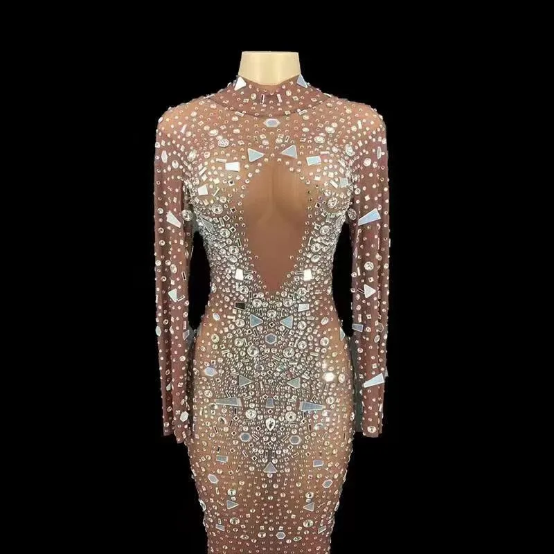Mesh Perspective Mirrors Rhinestones Celebrite Party Long Dress
