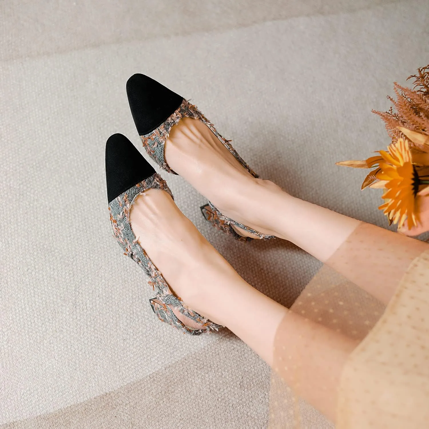 MICIFA Slingback Heels for WomenRound Toe Chunky Heeled Pumps Ankle Strap Fashion Splicing Dress Shoes