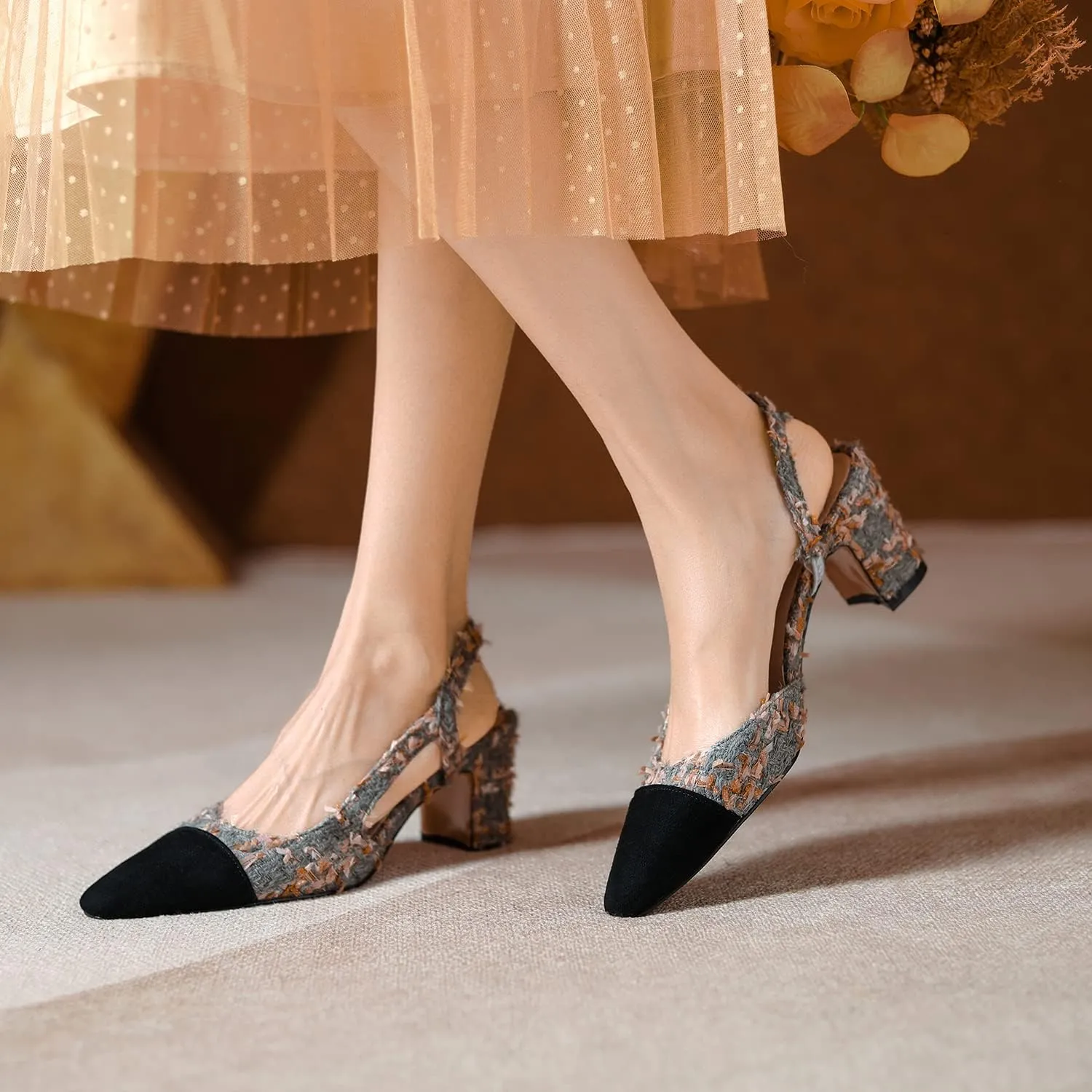 MICIFA Slingback Heels for WomenRound Toe Chunky Heeled Pumps Ankle Strap Fashion Splicing Dress Shoes