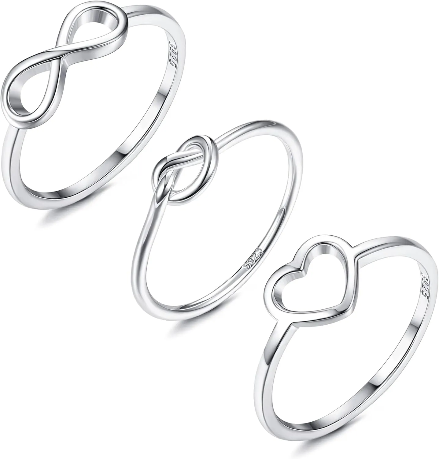 MILACOLATO 3Pcs Sterling Silver Rings 18K White Gold Plated Infinity Heart Knot Finger Rings Minimalistic Wedding Engagement Rings for Women Comfort Fit Size 5 to 10