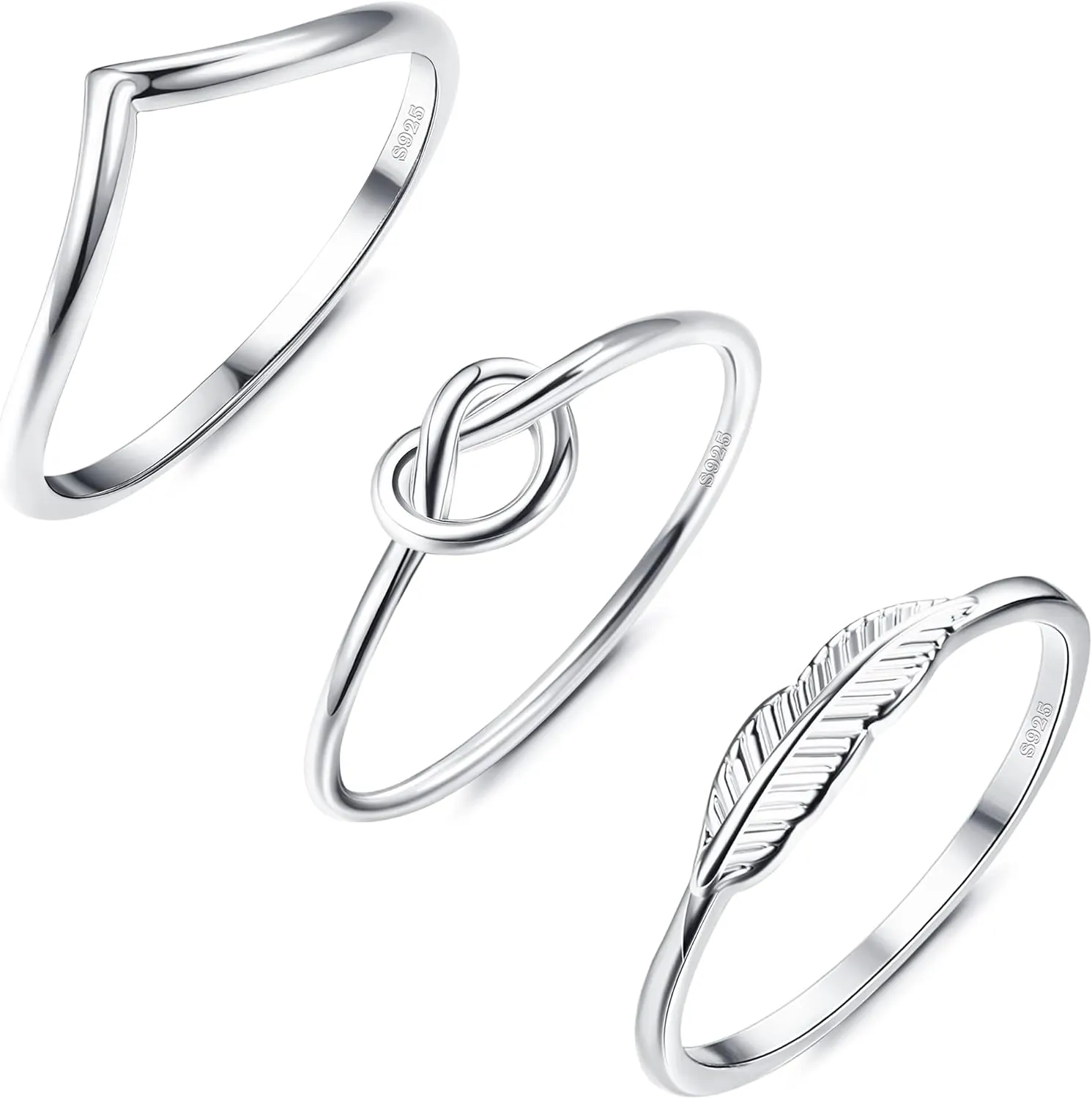 MILACOLATO 925 Sterling Silver Rings Set for Women | 18K White Gold Plated Wishbone Love Knot Feather Dainty Stackable Rings | Tarnish Resistant Stacking Knuckle Thumb Rings Comfort Fit Size 5-10