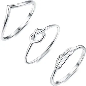 MILACOLATO 925 Sterling Silver Rings Set for Women | 18K White Gold Plated Wishbone Love Knot Feather Dainty Stackable Rings | Tarnish Resistant Stacking Knuckle Thumb Rings Comfort Fit Size 5-10
