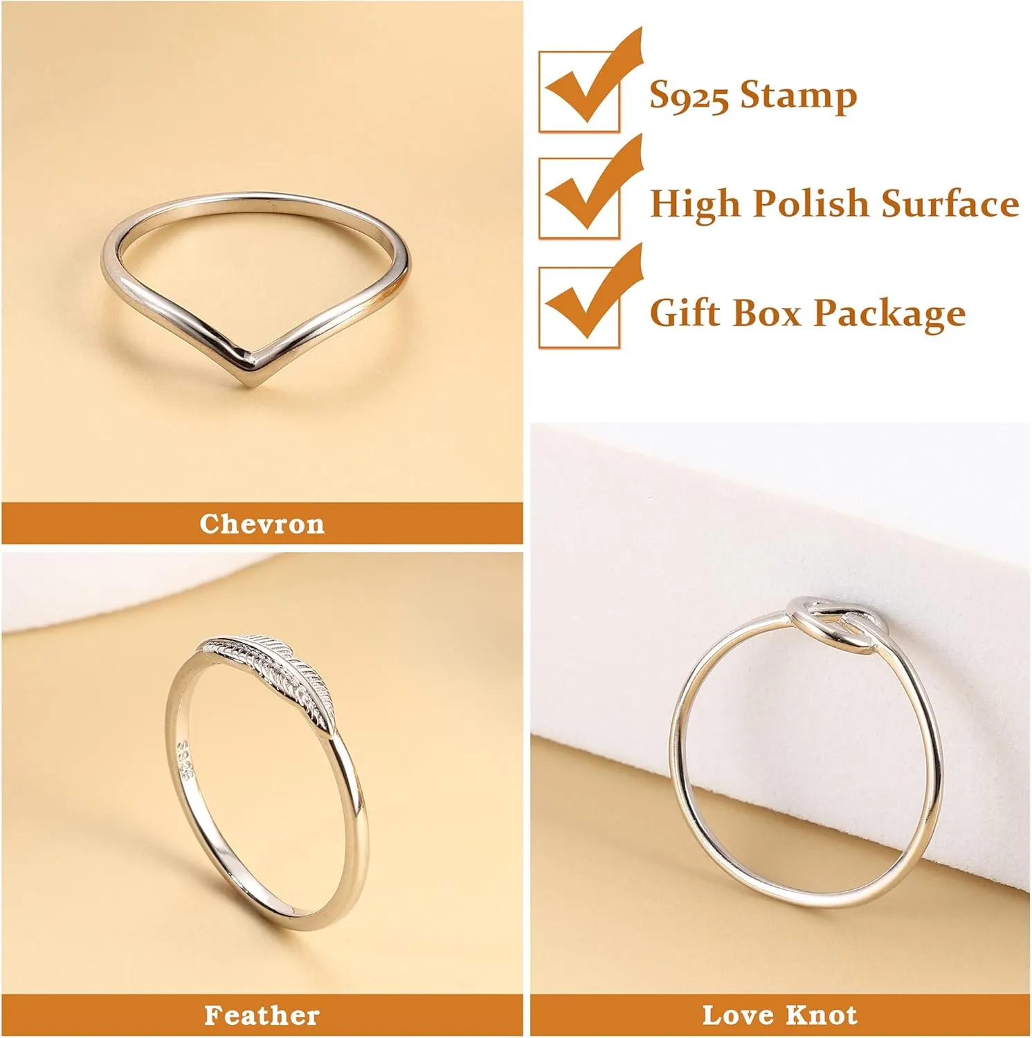 MILACOLATO 925 Sterling Silver Rings Set for Women | 18K White Gold Plated Wishbone Love Knot Feather Dainty Stackable Rings | Tarnish Resistant Stacking Knuckle Thumb Rings Comfort Fit Size 5-10