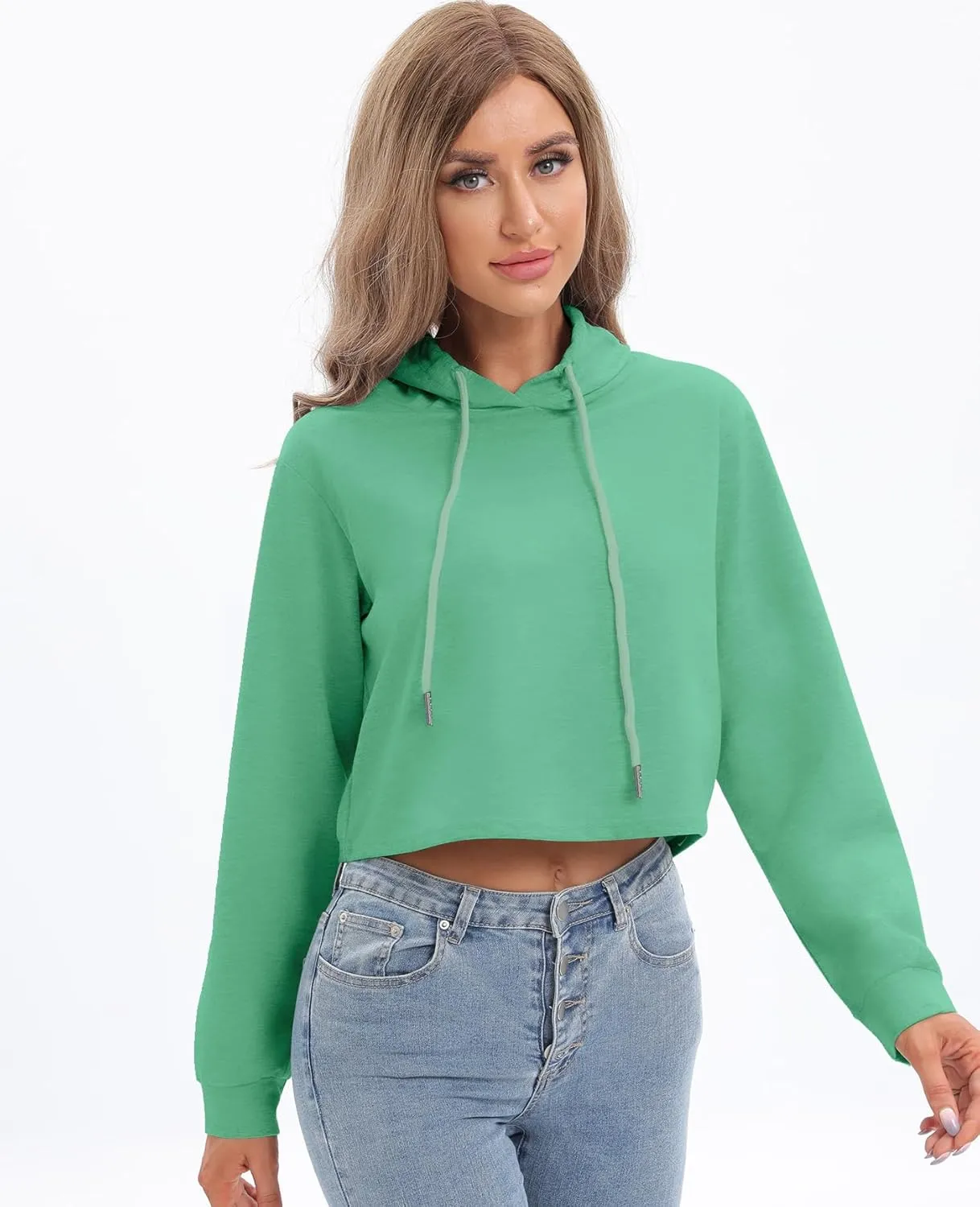 milanpavilion Women's Drawstring Cropped Hoodie Casual Plain Hoodies for Women Workout Crop Tops Sweatshirt Long Sleeve