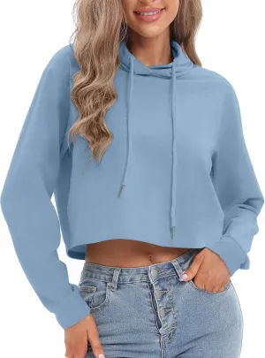 milanpavilion Women's Drawstring Cropped Hoodie Casual Plain Hoodies for Women Workout Crop Tops Sweatshirt Long Sleeve