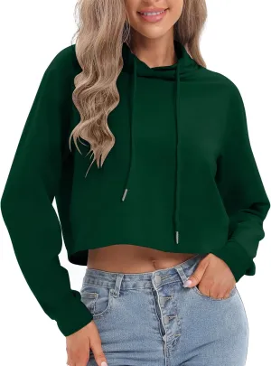 milanpavilion Women's Drawstring Cropped Hoodie Casual Plain Hoodies for Women Workout Crop Tops Sweatshirt Long Sleeve