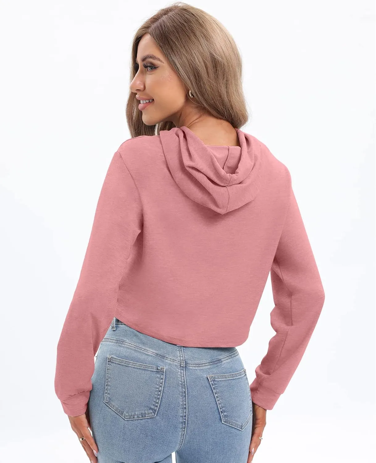milanpavilion Women's Drawstring Cropped Hoodie Casual Plain Hoodies for Women Workout Crop Tops Sweatshirt Long Sleeve