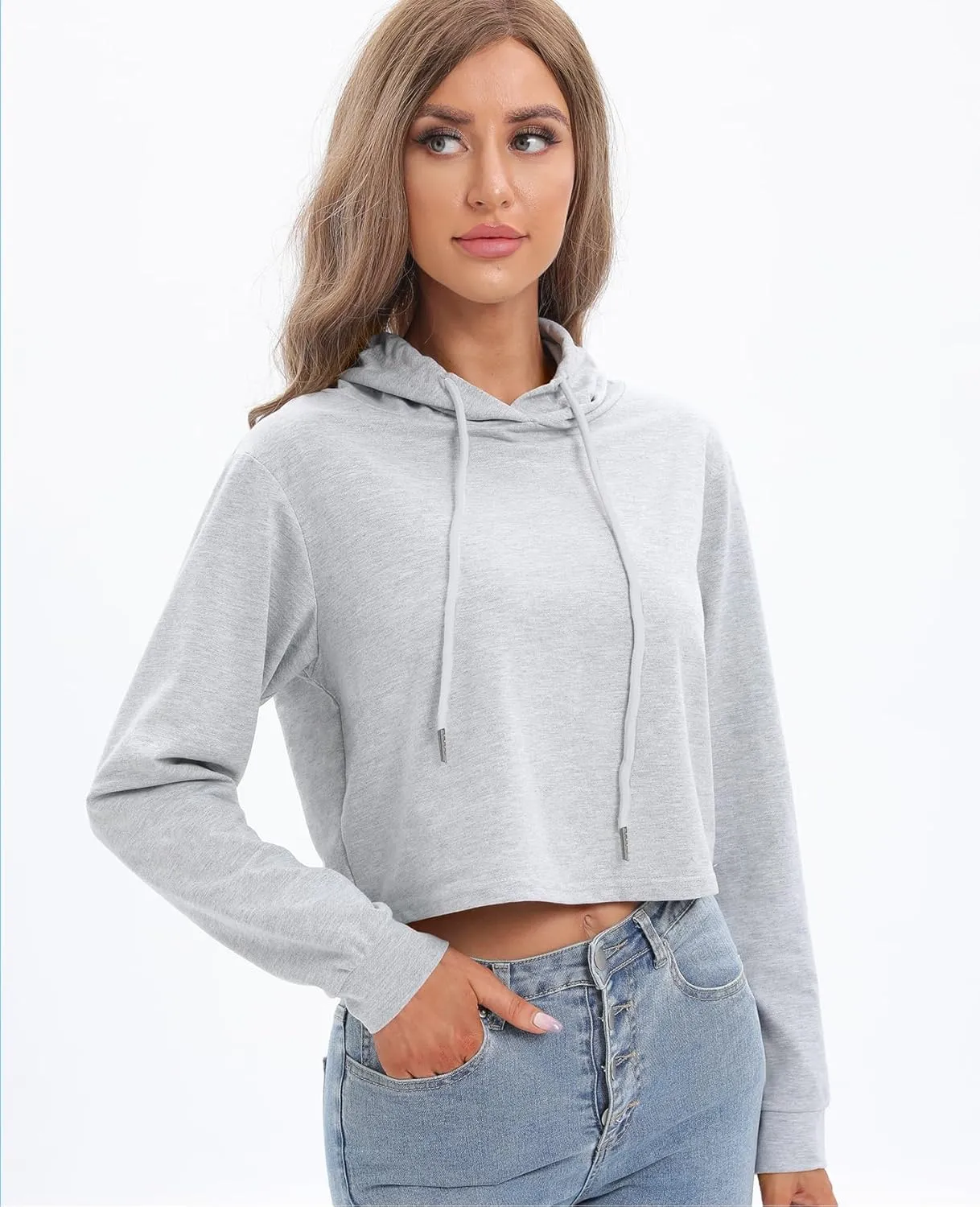 milanpavilion Women's Drawstring Cropped Hoodie Casual Plain Hoodies for Women Workout Crop Tops Sweatshirt Long Sleeve