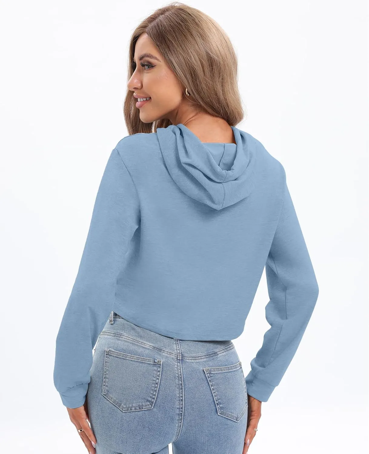 milanpavilion Women's Drawstring Cropped Hoodie Casual Plain Hoodies for Women Workout Crop Tops Sweatshirt Long Sleeve
