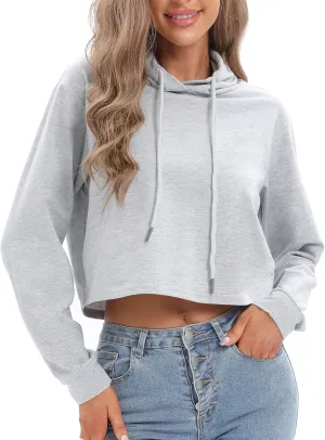 milanpavilion Women's Drawstring Cropped Hoodie Casual Plain Hoodies for Women Workout Crop Tops Sweatshirt Long Sleeve
