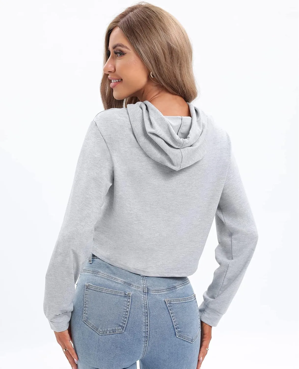 milanpavilion Women's Drawstring Cropped Hoodie Casual Plain Hoodies for Women Workout Crop Tops Sweatshirt Long Sleeve