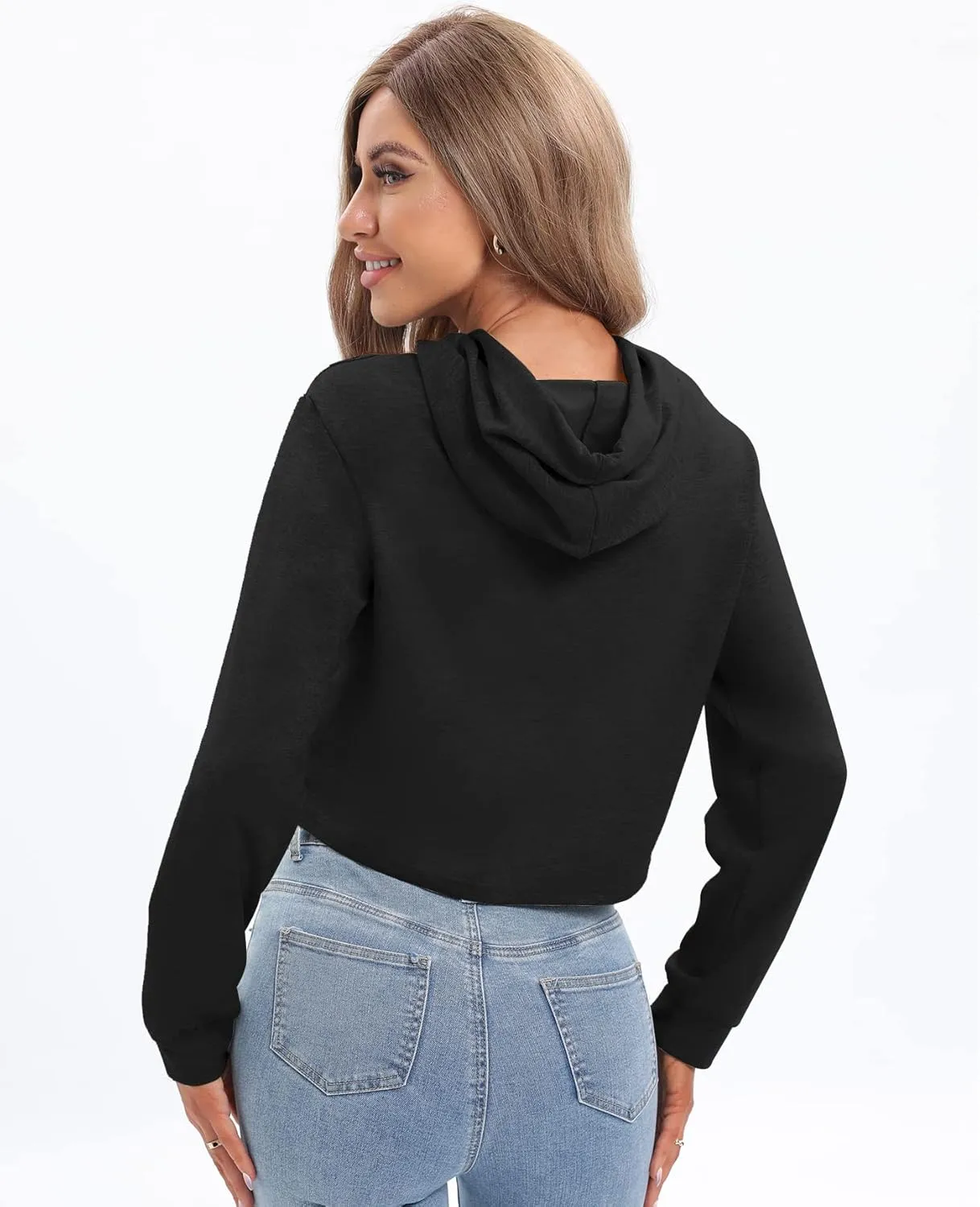 milanpavilion Women's Drawstring Cropped Hoodie Casual Plain Hoodies for Women Workout Crop Tops Sweatshirt Long Sleeve
