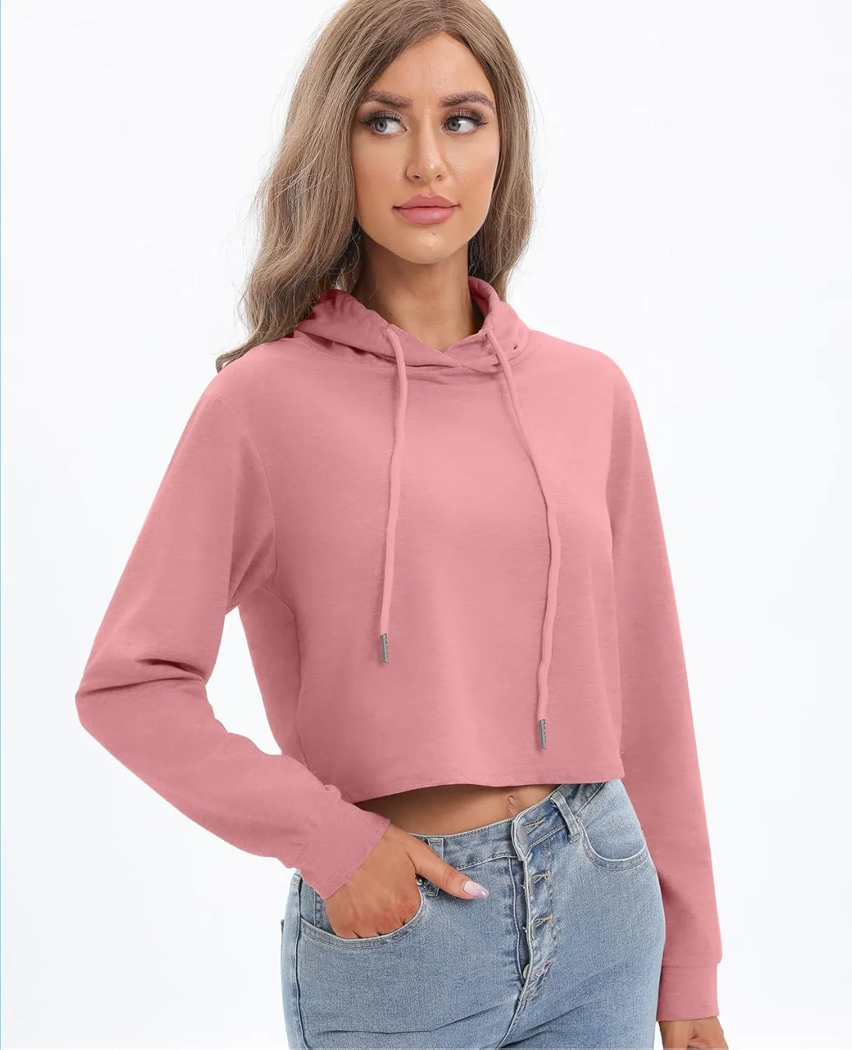 milanpavilion Women's Drawstring Cropped Hoodie Casual Plain Hoodies for Women Workout Crop Tops Sweatshirt Long Sleeve