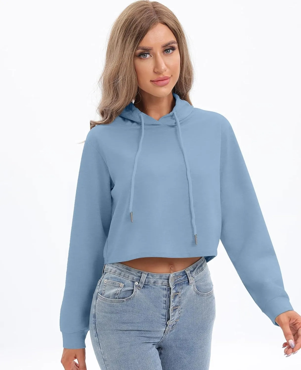 milanpavilion Women's Drawstring Cropped Hoodie Casual Plain Hoodies for Women Workout Crop Tops Sweatshirt Long Sleeve