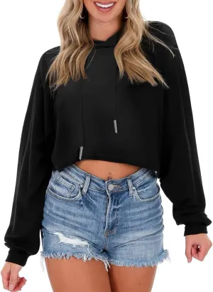 milanpavilion Women's Drawstring Cropped Hoodie Casual Plain Hoodies for Women Workout Crop Tops Sweatshirt Long Sleeve