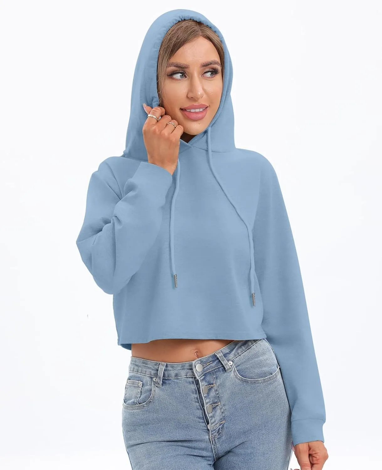 milanpavilion Women's Drawstring Cropped Hoodie Casual Plain Hoodies for Women Workout Crop Tops Sweatshirt Long Sleeve