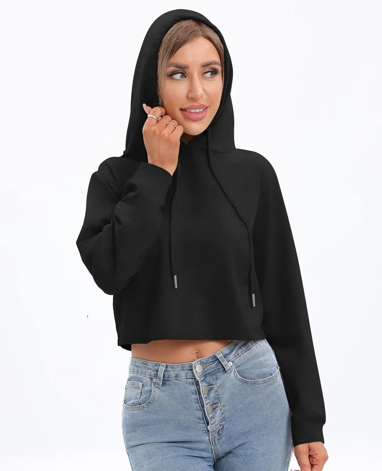 milanpavilion Women's Drawstring Cropped Hoodie Casual Plain Hoodies for Women Workout Crop Tops Sweatshirt Long Sleeve