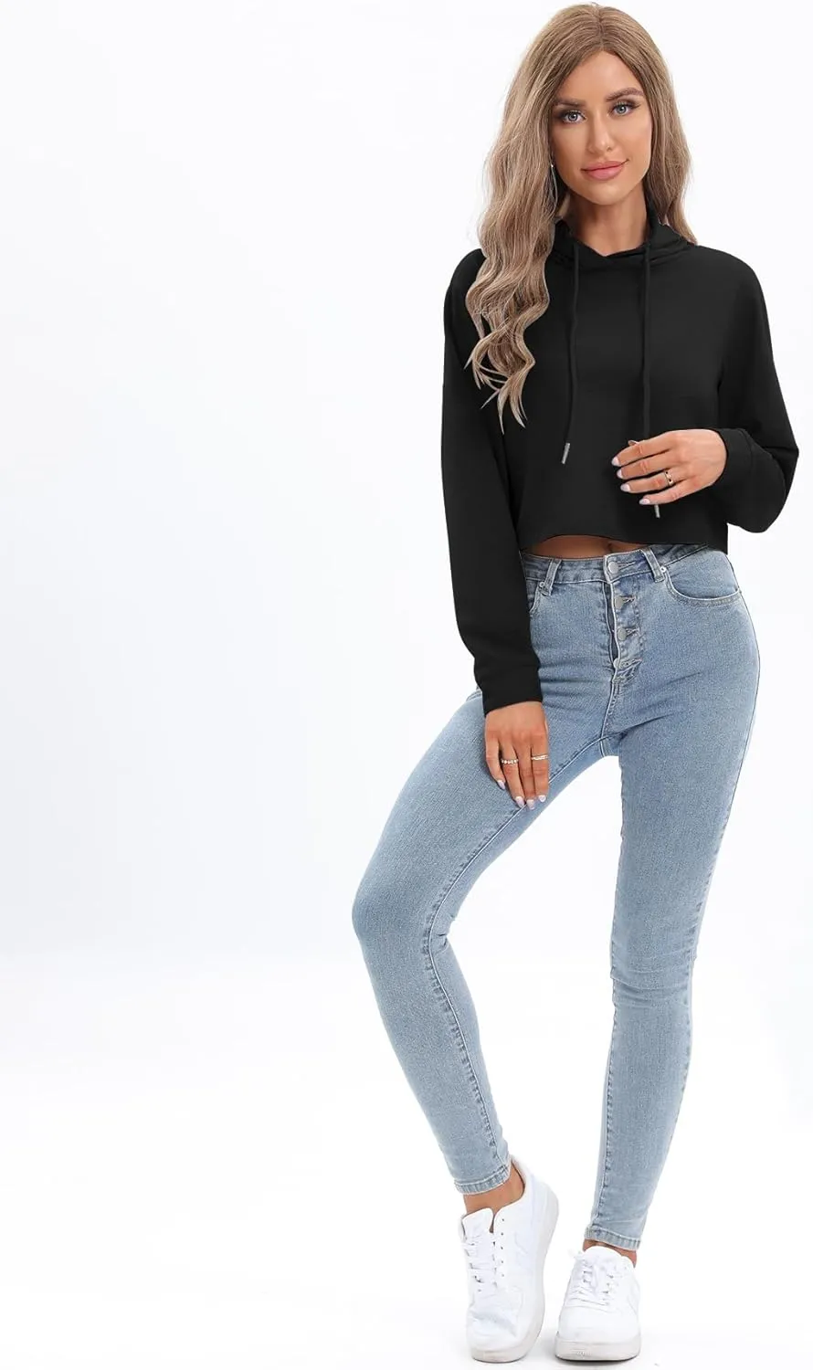 milanpavilion Women's Drawstring Cropped Hoodie Casual Plain Hoodies for Women Workout Crop Tops Sweatshirt Long Sleeve