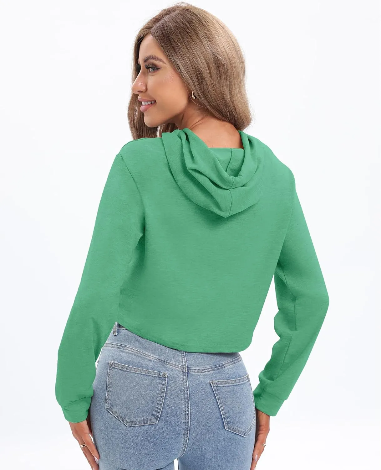 milanpavilion Women's Drawstring Cropped Hoodie Casual Plain Hoodies for Women Workout Crop Tops Sweatshirt Long Sleeve