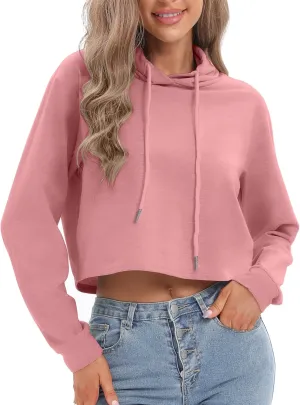 milanpavilion Women's Drawstring Cropped Hoodie Casual Plain Hoodies for Women Workout Crop Tops Sweatshirt Long Sleeve
