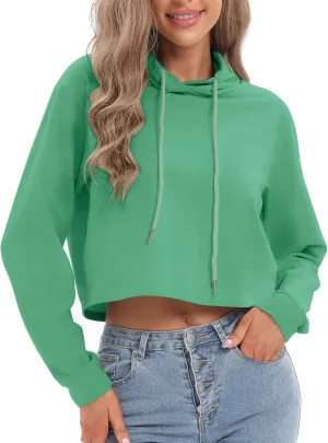 milanpavilion Women's Drawstring Cropped Hoodie Casual Plain Hoodies for Women Workout Crop Tops Sweatshirt Long Sleeve