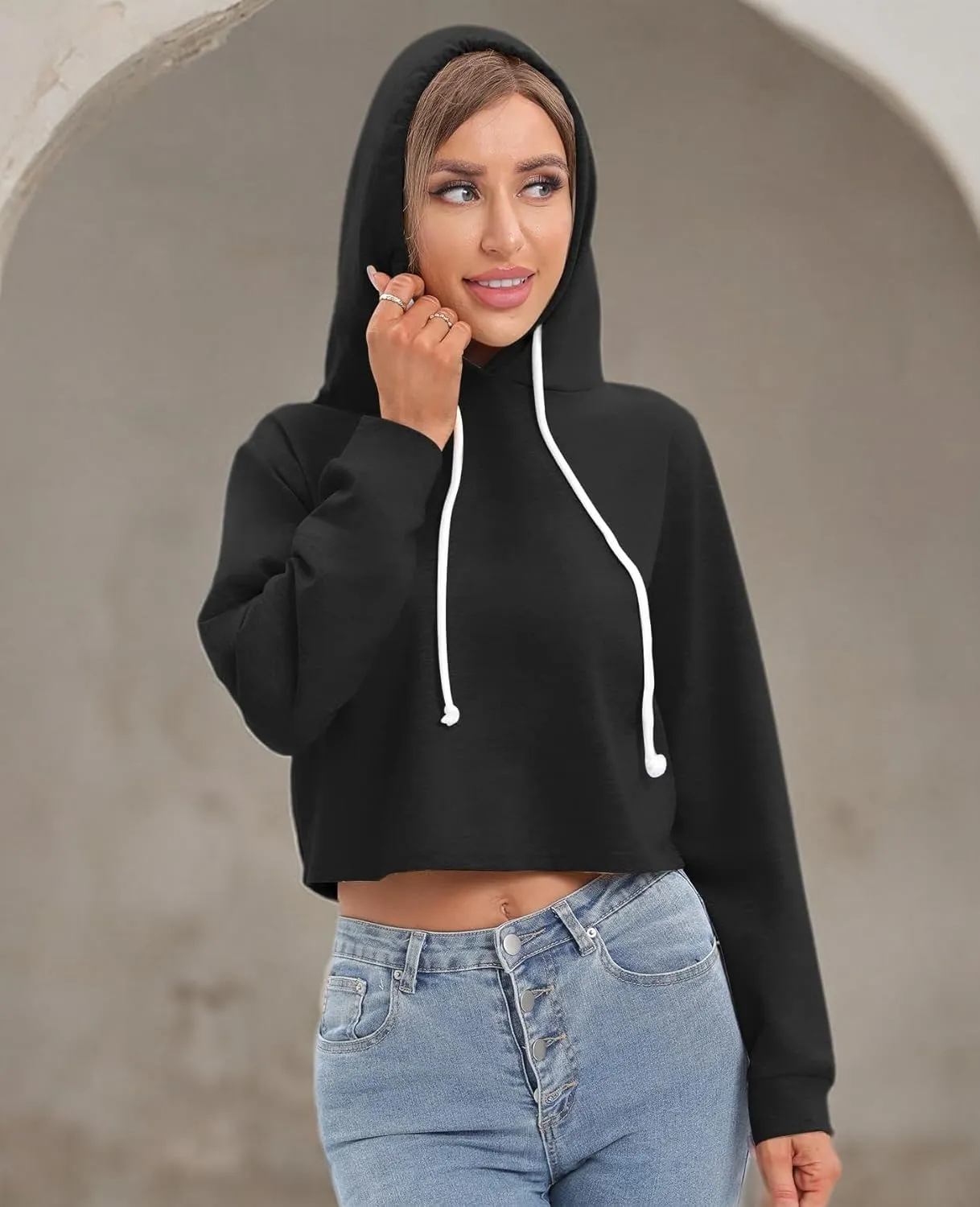 milanpavilion Women's Drawstring Cropped Hoodie Casual Plain Hoodies for Women Workout Crop Tops Sweatshirt Long Sleeve
