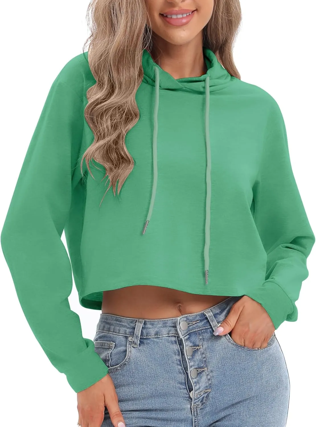 milanpavilion Women's Drawstring Cropped Hoodie Casual Plain Hoodies for Women Workout Crop Tops Sweatshirt Long Sleeve