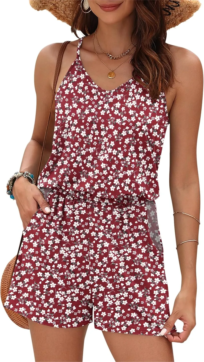 MISFAY Womens Summer Loose V Neck Spaghetti Strap Short Jumpsuit Rompers