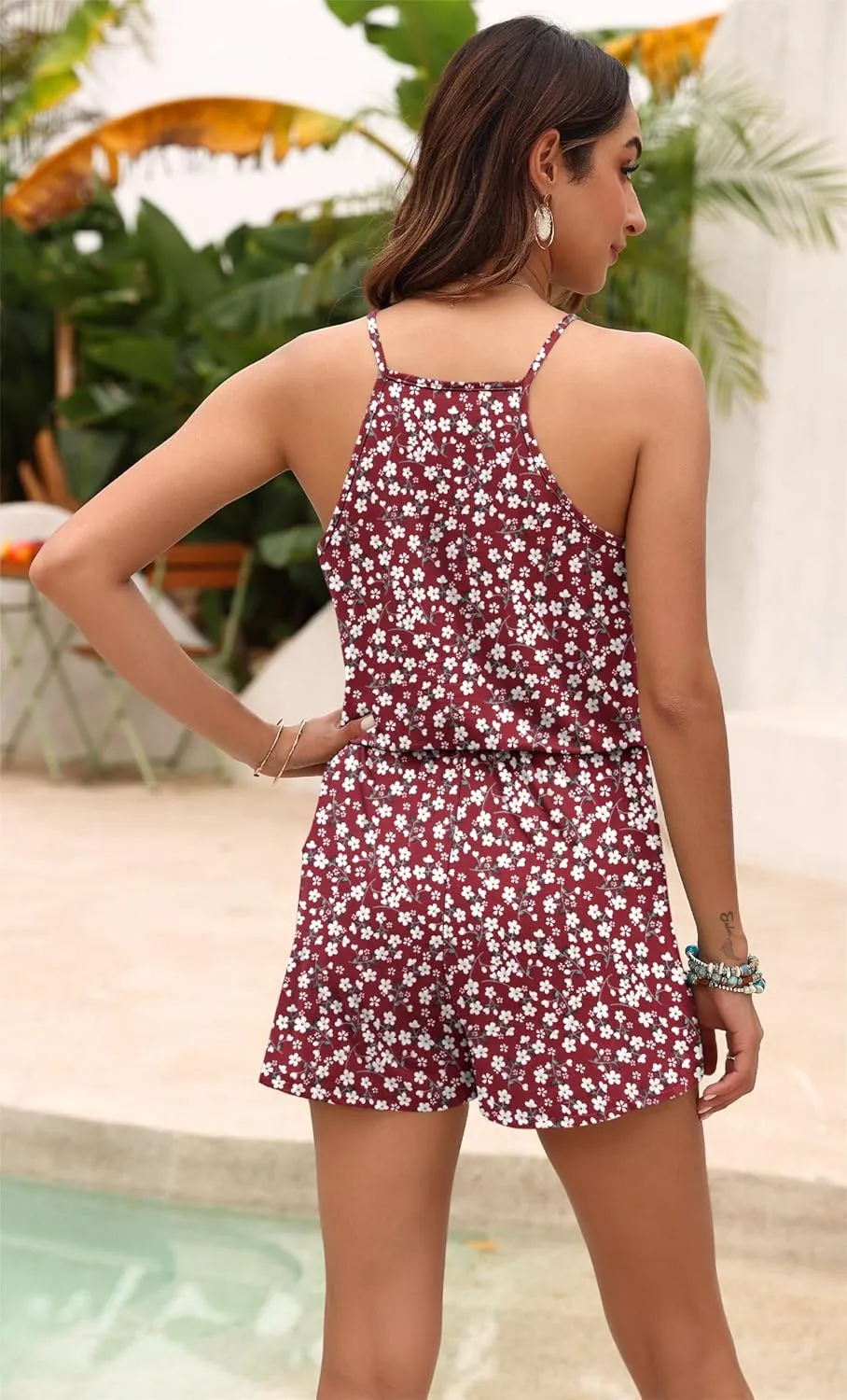 MISFAY Womens Summer Loose V Neck Spaghetti Strap Short Jumpsuit Rompers